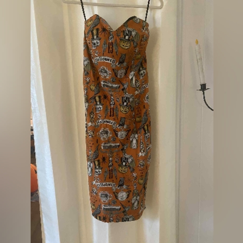 Strapless Halloween Print Dress in Orange